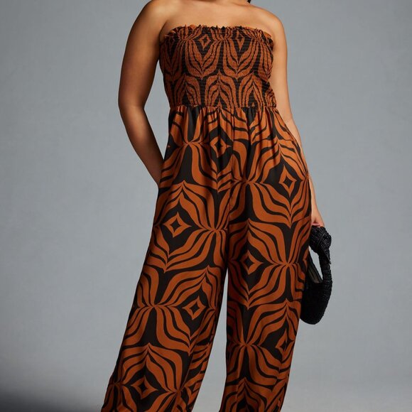 Anthropologie 2X Printed Balloon Leg One Piece Smocked Tube Top Jumpsuit - Picture 3 of 11
